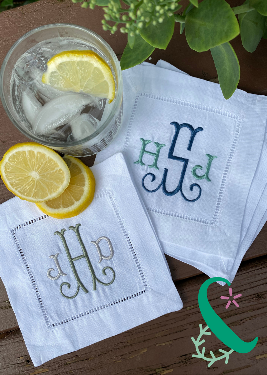 Set of 6 Embroidered Cocktail Napkins with Single Initial Monogram