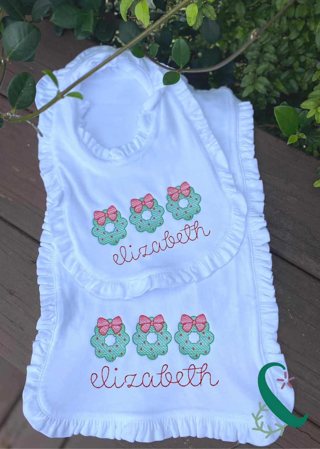 Bib & Burp Cloth with Christmas Wreaths (Sold Individually or as a Set)