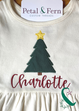 Load image into Gallery viewer, Girls Long Sleeve Ruffle Dress with Christmas Tree Applique
