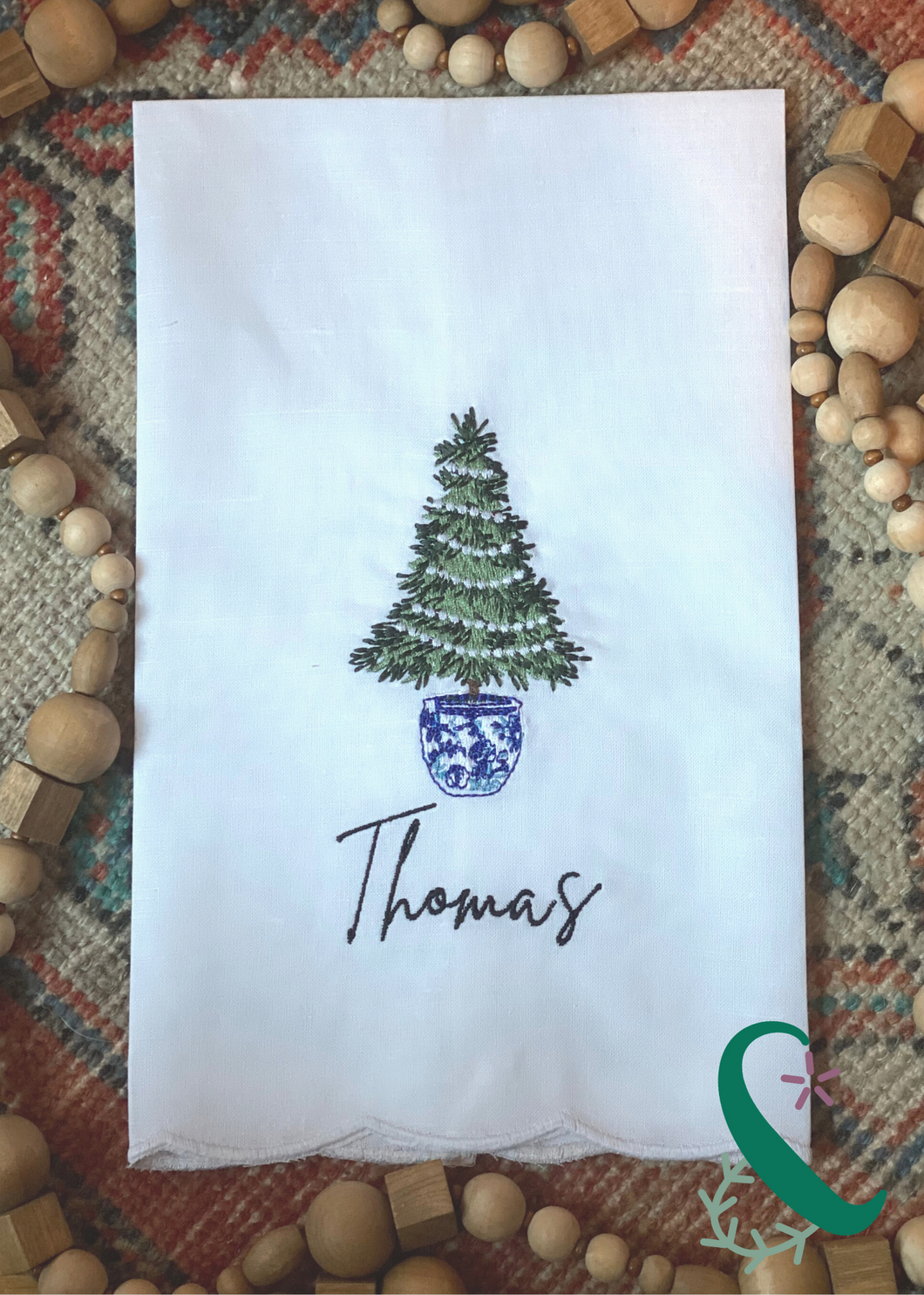 Chinoiserie Christmas Tree on Scalloped Tea Towel