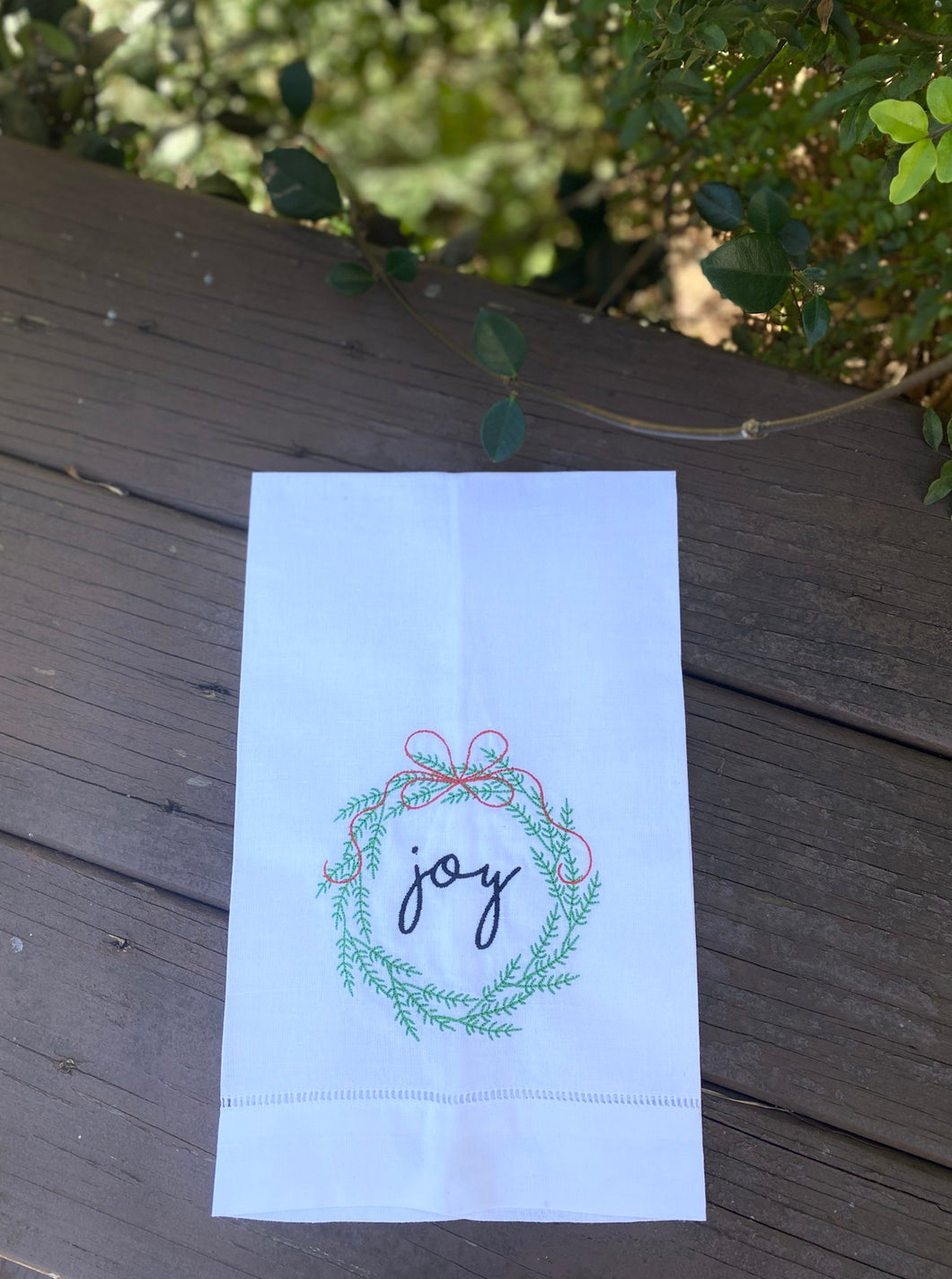 Joy Wreath Linen Tea Towel (Option to Personalize)